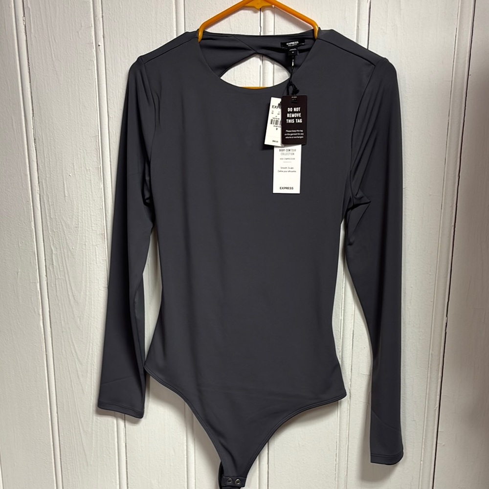 Express Gray Long Sleeve open back Bodysuit